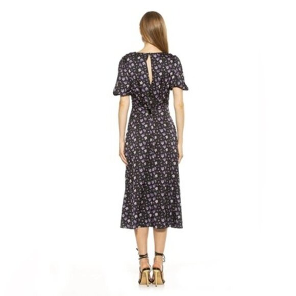 Alexia Admor Nola Lilac Ditzy Midi Dress Puff-Sleeve Fit & Flare Floral Slit 6 - Picture 3 of 10